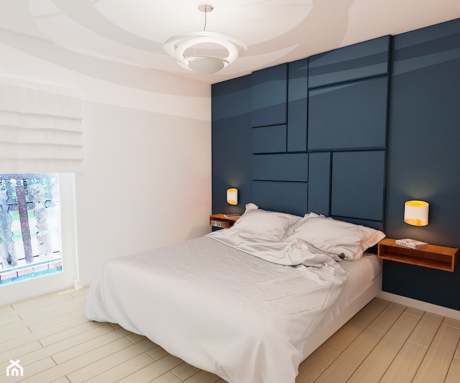 Namiarkowa 75m2 - Mała biała niebieska sypialnia, styl minimalistyczny - zdjęcie od Ale design Grzegorz Grzywacz