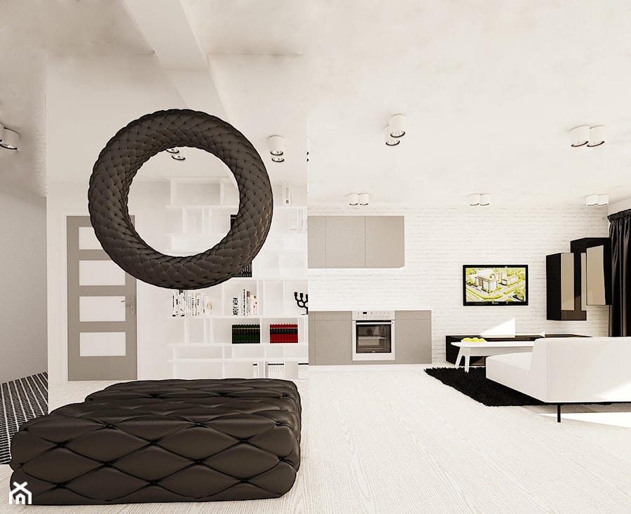 Czarno biały salon z kuchnią - zdjęcie od Ale design Grzegorz Grzywacz