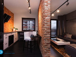 mieszkanie kawalera - Średnia z salonem z kamiennym blatem biała z zabudowaną lodówką kuchnia w kształcie litery l, styl skandynawski - zdjęcie od Anna Krzak architektura wnętrz