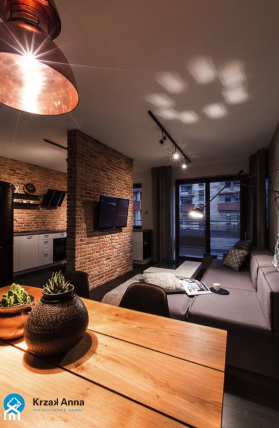 mieszkanie kawalera - Mały beżowy szary salon z kuchnią z jadalnią, styl nowoczesny - zdjęcie od Anna Krzak architektura wnętrz - Homebook