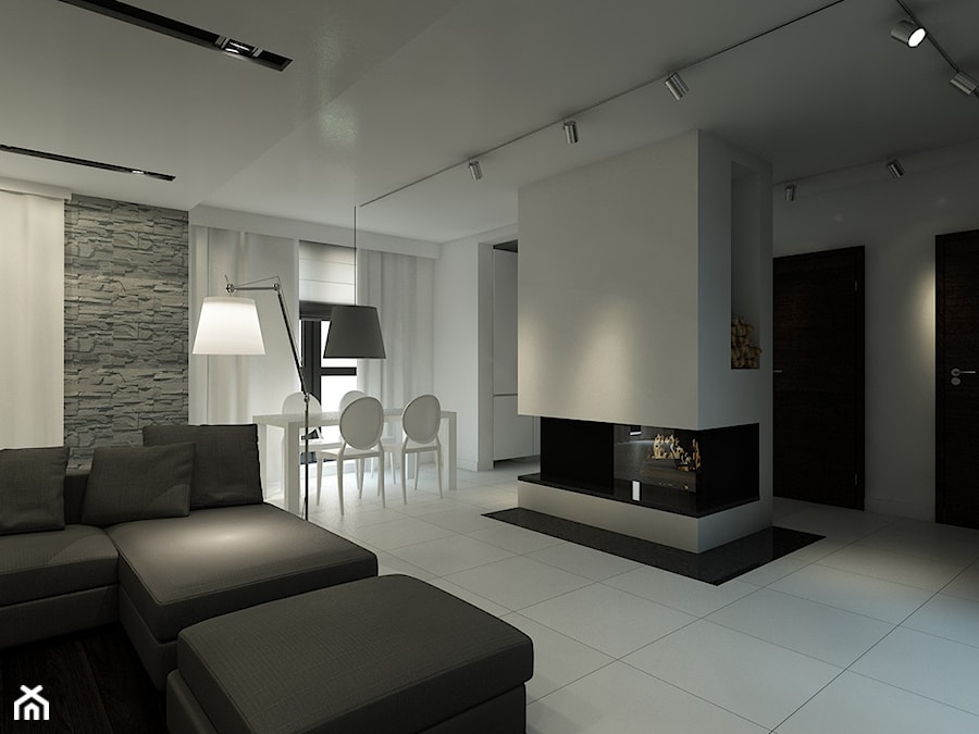 Średni biały szary salon z kuchnią z jadalnią, styl minimalistyczny - zdjęcie od Studio Aranżacja