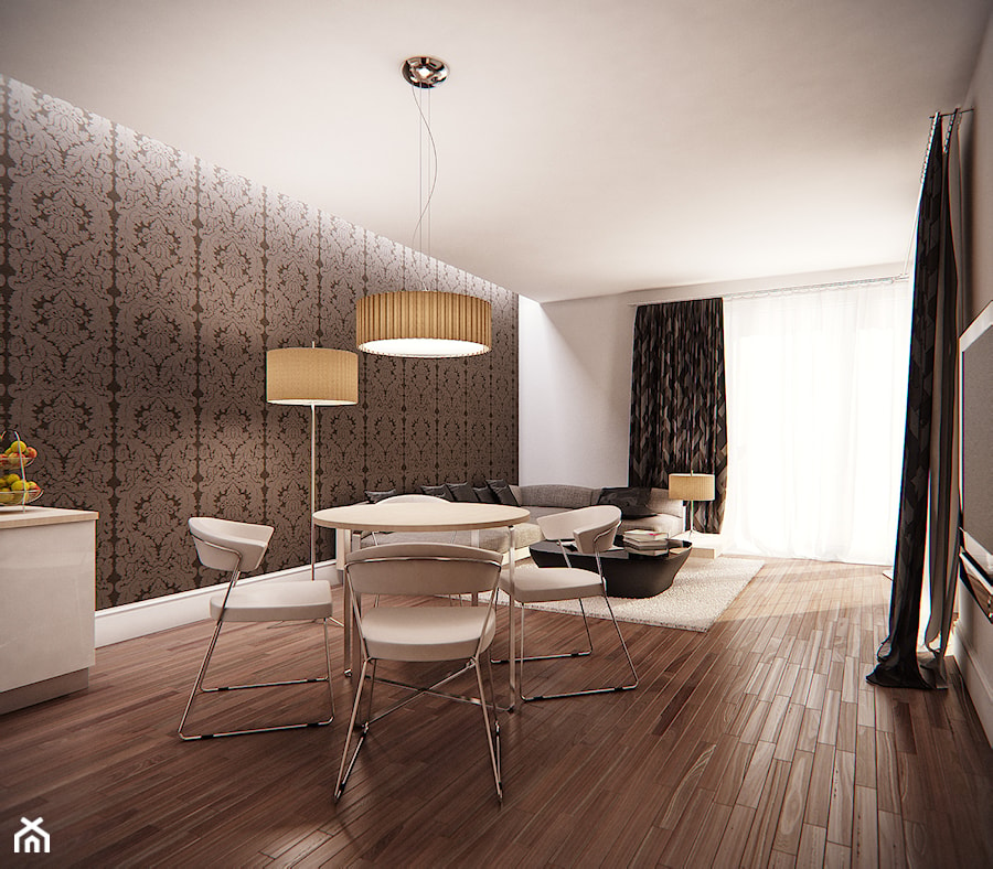 CORTE VERONA APARTAMENTS - Mała biała brązowa jadalnia w salonie w kuchni, styl glamour - zdjęcie od KODO projekty i realizacje wnętrz