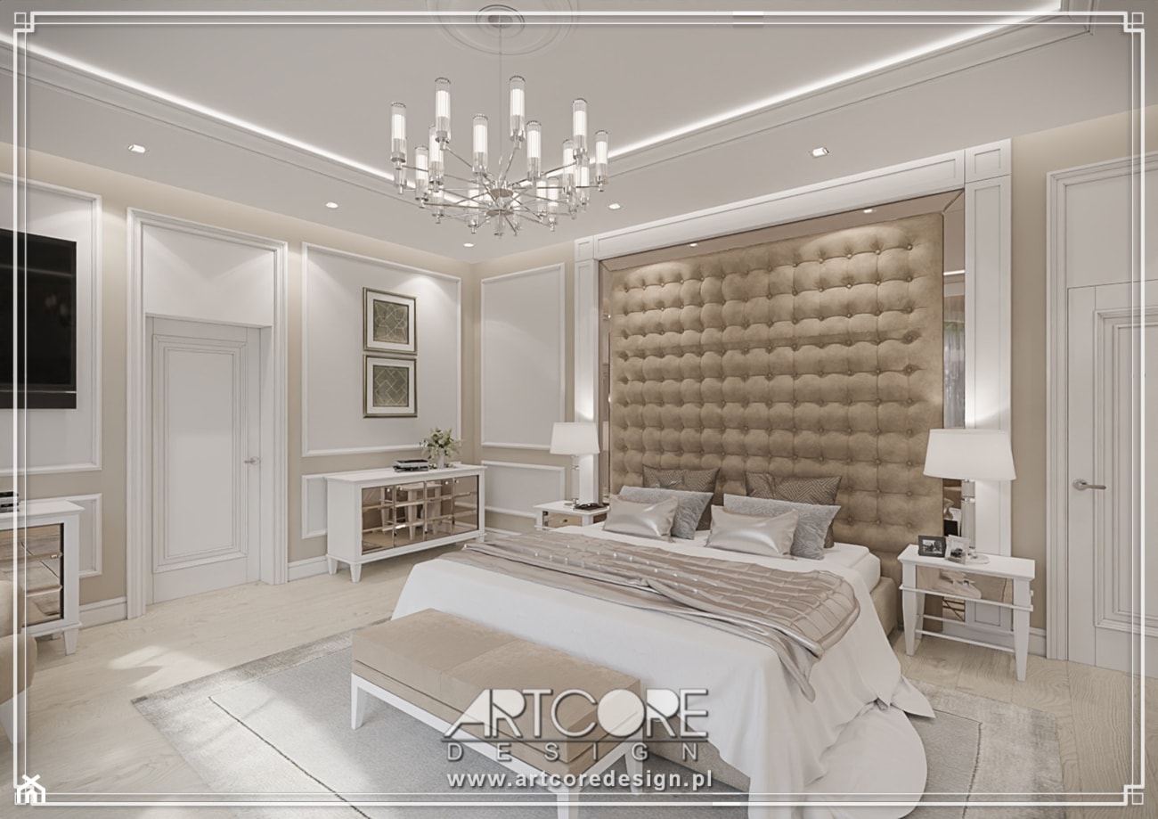 Sypialnia w stylu klasycznym z tapicerowanym zagłówkiem i lustrami - zdjęcie od ArtCore Design - Homebook