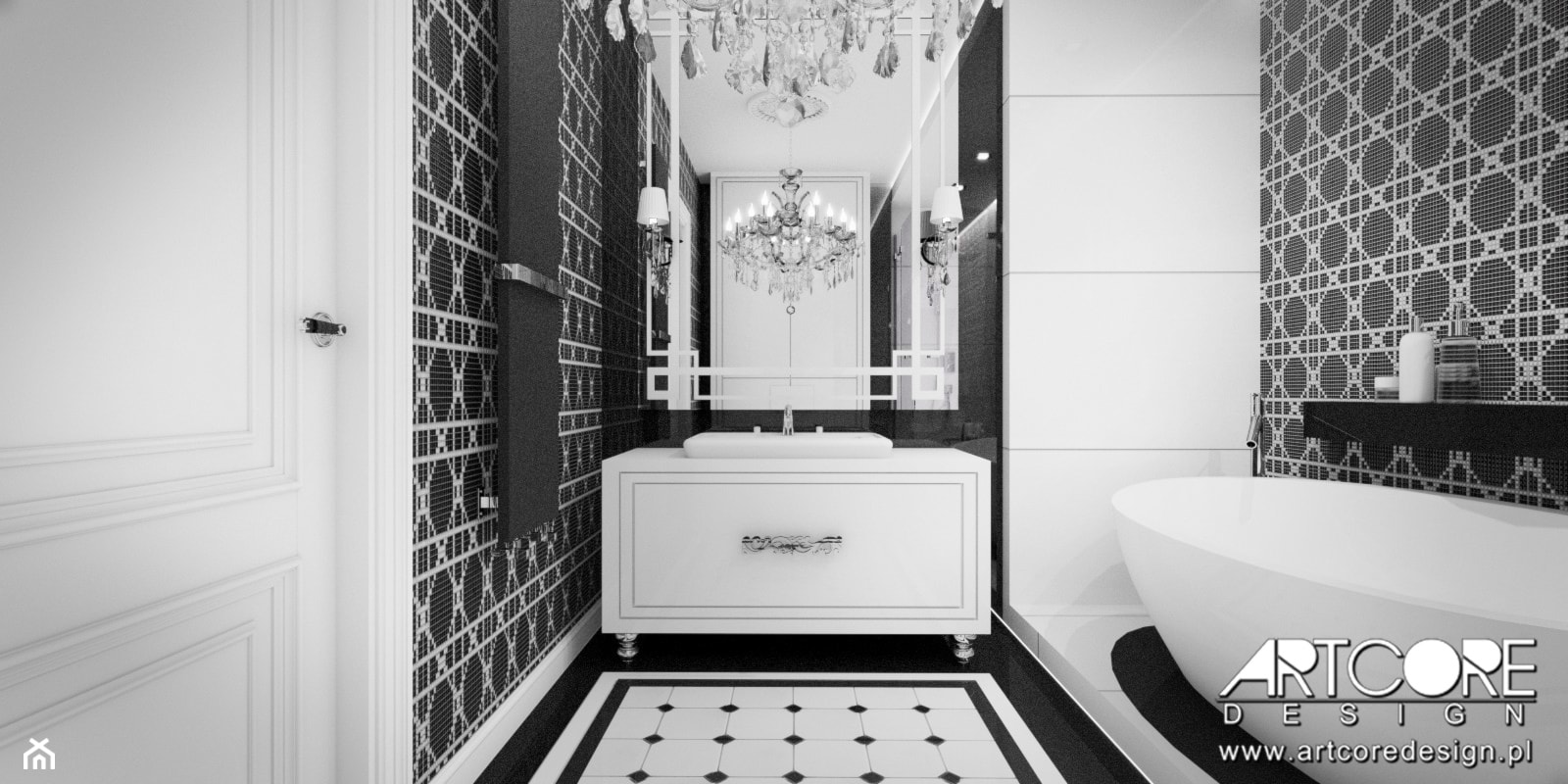 Czarno biała łazienka- projekt wnętrza. - zdjęcie od ArtCore Design - Homebook