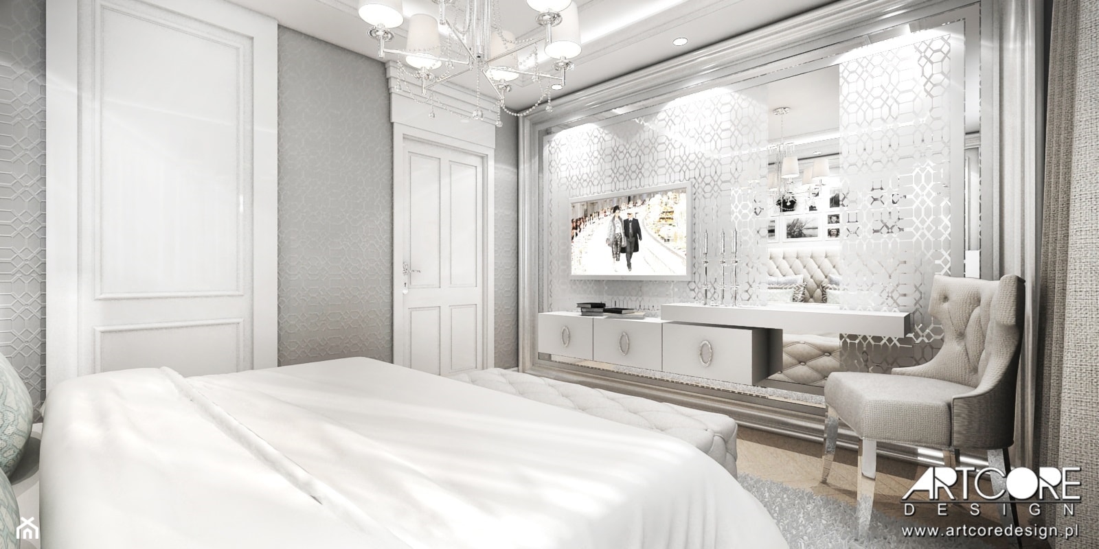 Piaskowane lustro w sypialni glamour - zdjęcie od ArtCore Design - Homebook