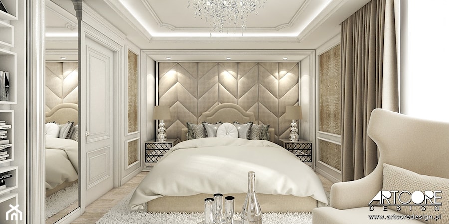 Sypialnia z tapicerowanym zagłówkiem - wnętrze klasyczne z elementami glamour - zdjęcie od ArtCore Design