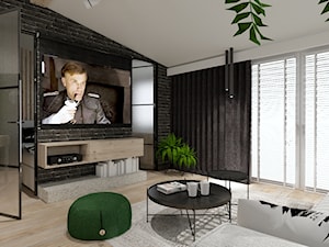 Skandynawskie mieszkanie dla mężczyzny - Duży szary salon z jadalnią z tarasem / balkonem, styl industrialny - zdjęcie od Bubbles Studio