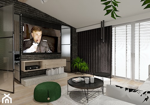 Skandynawskie mieszkanie dla mężczyzny - Duży szary salon z jadalnią z tarasem / balkonem, styl industrialny - zdjęcie od Bubbles Studio