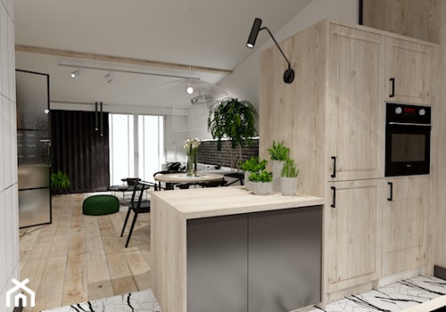 Skandynawskie mieszkanie dla mężczyzny - Średnia otwarta z salonem szara z zabudowaną lodówką z nablatowym zlewozmywakiem kuchnia w kształcie litery g z marmurową podłogą, styl industrialny - zdjęcie od Bubbles Studio