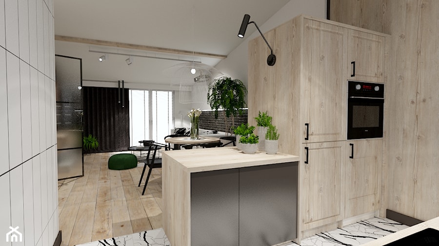 Skandynawskie mieszkanie dla mężczyzny - Średnia otwarta z salonem szara z zabudowaną lodówką z nablatowym zlewozmywakiem kuchnia w kształcie litery g z marmurową podłogą, styl industrialny - zdjęcie od Bubbles Studio