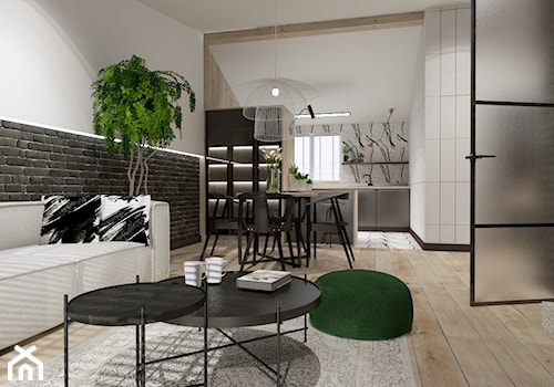 Skandynawskie mieszkanie dla mężczyzny - Średni biały czarny salon z kuchnią z jadalnią, styl industrialny - zdjęcie od Bubbles Studio