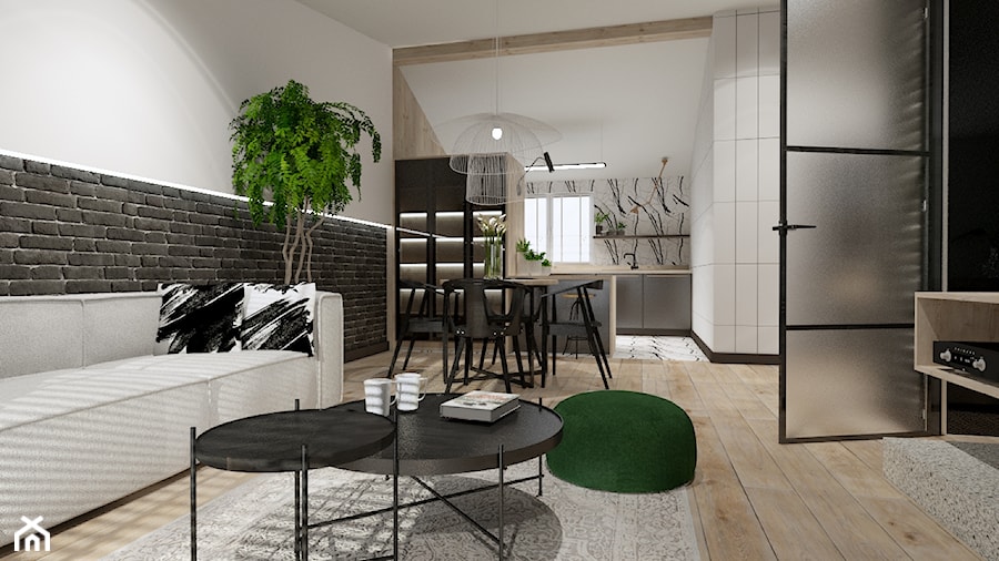 Skandynawskie mieszkanie dla mężczyzny - Średni biały czarny salon z kuchnią z jadalnią, styl industrialny - zdjęcie od Bubbles Studio