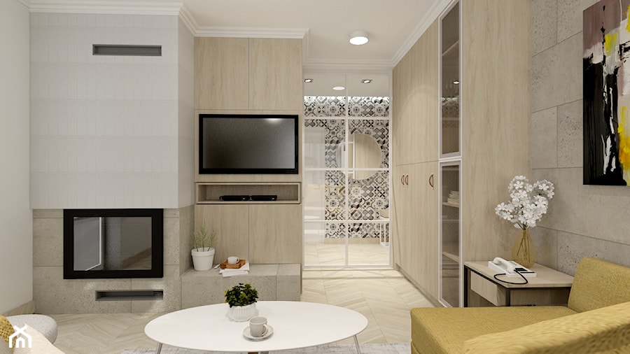 Świetliste mieszkanie z nutką energii - Średni biały salon z barkiem, styl skandynawski - zdjęcie od Bubbles Studio