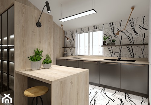 Skandynawskie mieszkanie dla mężczyzny - Średnia otwarta biała z zabudowaną lodówką z podblatowym zlewozmywakiem kuchnia dwurzędowa z oknem z marmurem nad blatem kuchennym z marmurową podłogą, styl industrialny - zdjęcie od Bubbles Studio