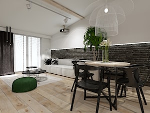 Skandynawskie mieszkanie dla mężczyzny - Średni biały salon z jadalnią z tarasem / balkonem, styl industrialny - zdjęcie od Bubbles Studio