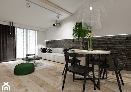 Skandynawskie mieszkanie dla mężczyzny - Średni biały salon z jadalnią z tarasem / balkonem, styl industrialny - zdjęcie od Bubbles Studio