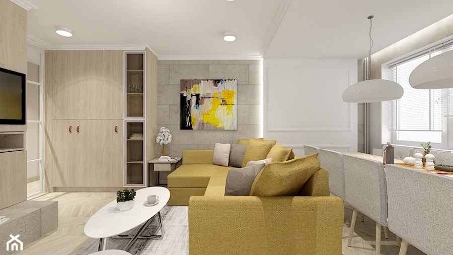 Świetliste mieszkanie z nutką energii - Mały biały szary salon z jadalnią, styl skandynawski - zdjęcie od Bubbles Studio