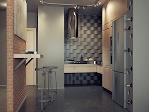 Apartamenty prz Krasińskiego - Mała otwarta szara z zabudowaną lodówką z podblatowym zlewozmywakiem kuchnia w kształcie litery l z kompozytem na ścianie nad blatem kuchennym, styl industrialny - zdjęcie od 13 pracownia
