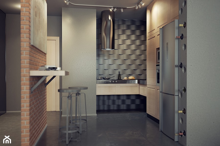 Apartamenty prz Krasińskiego - Mała otwarta szara z zabudowaną lodówką z podblatowym zlewozmywakiem kuchnia w kształcie litery l z kompozytem na ścianie nad blatem kuchennym, styl industrialny - zdjęcie od 13 pracownia