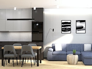 Salon otwarty na kuchnię w nowoczesnym mieszkaniu z w odcieniach szarości - zdjęcie od OOMM Monika Buzun architekt wnętrz
