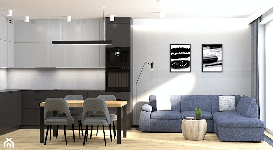 Salon otwarty na kuchnię w nowoczesnym mieszkaniu z w odcieniach szarości - zdjęcie od OOMM Monika Buzun architekt wnętrz