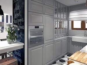 BIAŁYSZARYCZARNY - Mała otwarta biała z zabudowaną lodówką z nablatowym zlewozmywakiem kuchnia w kształcie litery u, styl skandynawski - zdjęcie od DOMagała Design