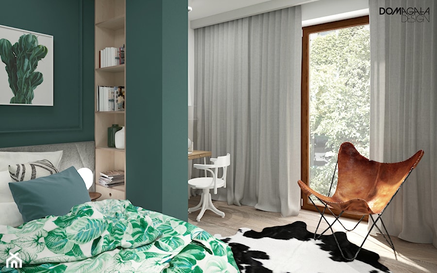 Zielono mi - Średnia biała zielona sypialnia z balkonem / tarasem, styl skandynawski - zdjęcie od DOMagała Design