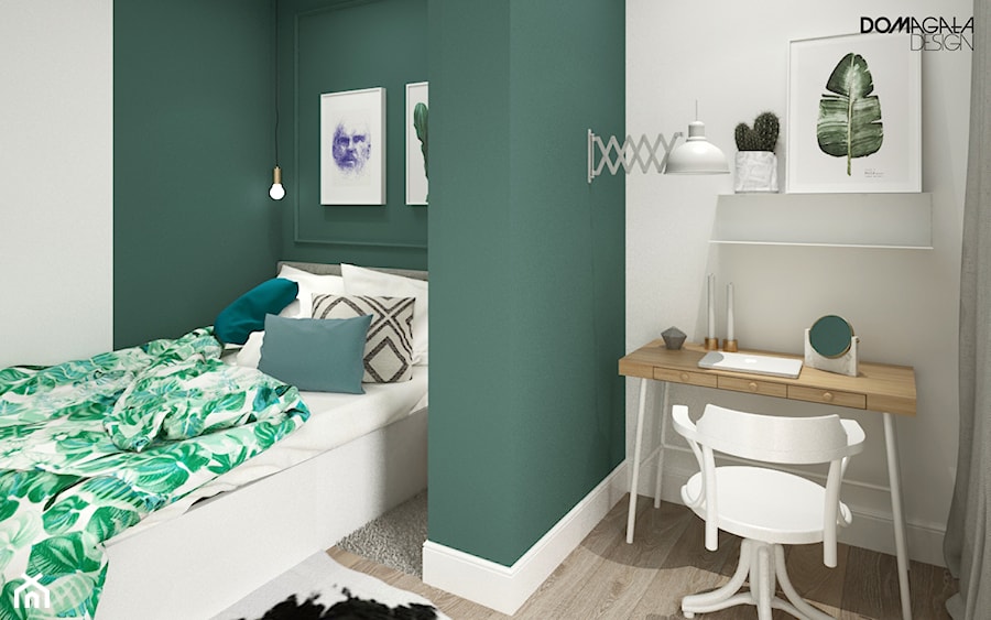 Zielono mi - Mała biała zielona z biurkiem sypialnia, styl nowoczesny - zdjęcie od DOMagała Design