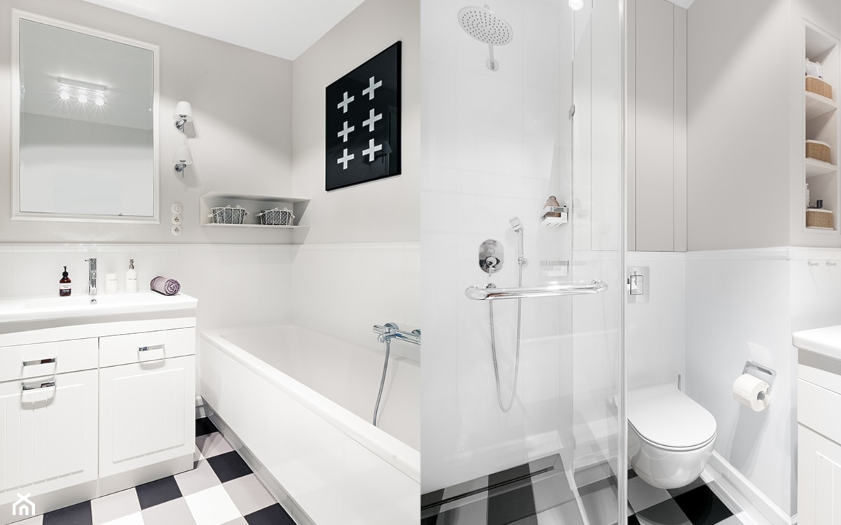 biała łazienka z wanną i prysznicem