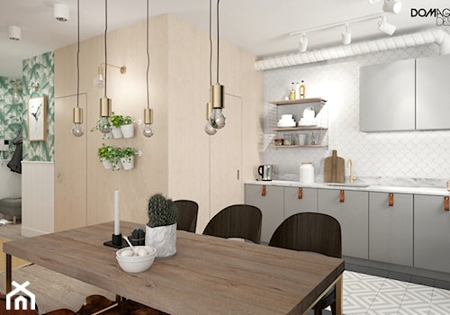 Zielono mi - Średnia z salonem beżowa szara z zabudowaną lodówką z podblatowym zlewozmywakiem kuchnia jednorzędowa, styl skandynawski - zdjęcie od DOMagała Design