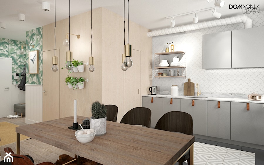 Zielono mi - Średnia z salonem beżowa szara z zabudowaną lodówką z podblatowym zlewozmywakiem kuchnia jednorzędowa, styl skandynawski - zdjęcie od DOMagała Design