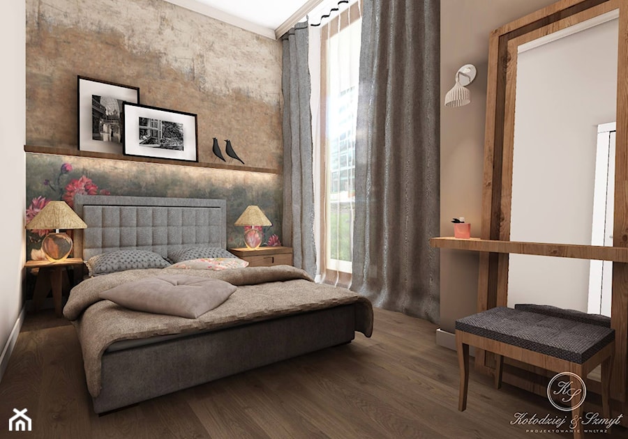 PARIS - Średnia brązowa szara sypialnia z balkonem / tarasem, styl prowansalski - zdjęcie od Kołodziej & Szmyt Projektowanie Wnętrz