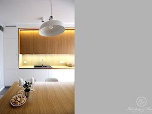 THREE COLOURS - Średnia otwarta biała z zabudowaną lodówką z nablatowym zlewozmywakiem kuchnia jednorzędowa, styl nowoczesny - zdjęcie od Kołodziej & Szmyt Projektowanie Wnętrz