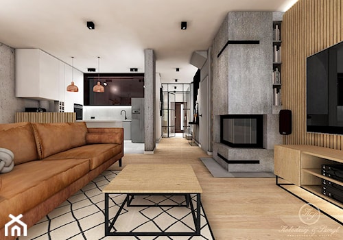 CARAMEL - Średni beżowy szary salon z kuchnią, styl industrialny - zdjęcie od Kołodziej & Szmyt Projektowanie Wnętrz