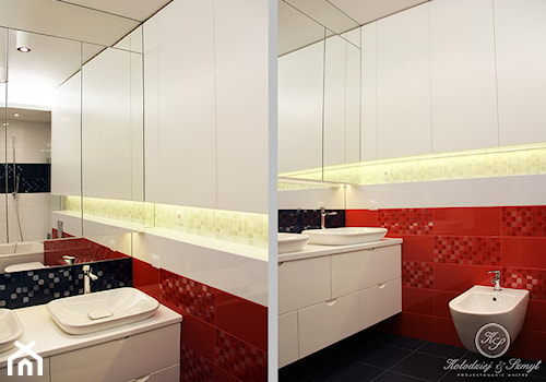 DOTS - Mała na poddaszu bez okna z dwoma umywalkami łazienka, styl nowoczesny - zdjęcie od Kołodziej & Szmyt Projektowanie Wnętrz