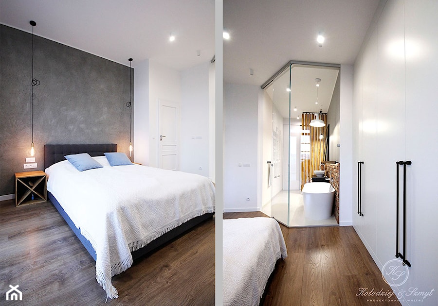 KONESER - Mała biała sypialnia z łazienką, styl industrialny - zdjęcie od Kołodziej & Szmyt Projektowanie Wnętrz