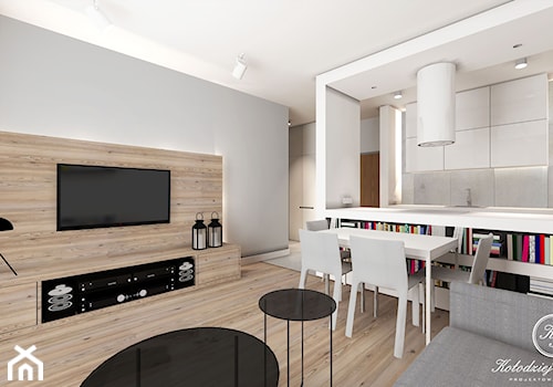 WHITE - Mały szary salon z kuchnią z jadalnią, styl nowoczesny - zdjęcie od Kołodziej & Szmyt Projektowanie Wnętrz