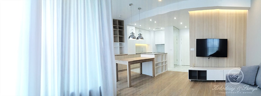 SMALL ELEGANCE - Średni szary salon z kuchnią, styl nowoczesny - zdjęcie od Kołodziej & Szmyt Projektowanie Wnętrz