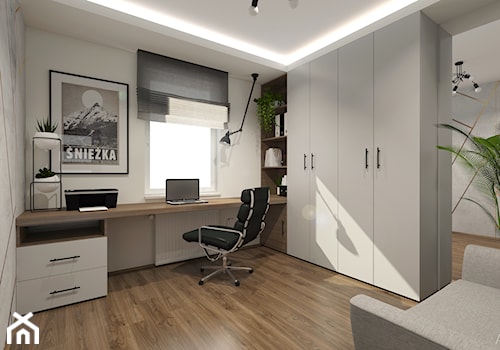 DOMOWE BIURO - Średnie w osobnym pomieszczeniu z zabudowanym biurkiem białe szare biuro, styl minimalistyczny - zdjęcie od ARCHI PL architekci