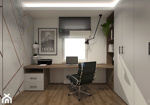 DOMOWE BIURO - Średnie w osobnym pomieszczeniu z zabudowanym biurkiem białe szare biuro, styl minimalistyczny - zdjęcie od ARCHI PL architekci