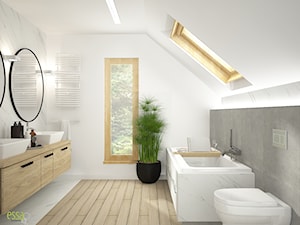 PROJEKT WNĘTRZ - DOM POD WROCŁAWIEM - Średnia na poddaszu z dwoma umywalkami z marmurową podłogą łazienka z oknem - zdjęcie od ESSA Architektura