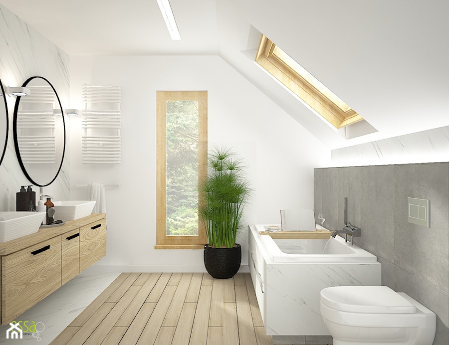 PROJEKT WNĘTRZ - DOM POD WROCŁAWIEM - Średnia na poddaszu z dwoma umywalkami z marmurową podłogą łazienka z oknem - zdjęcie od ESSA Architektura