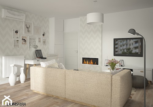 Mieszkanie w stylu surowym skandynawskim - Moderno - Mały beżowy biały salon, styl skandynawski - zdjęcie od ESSA Architektura