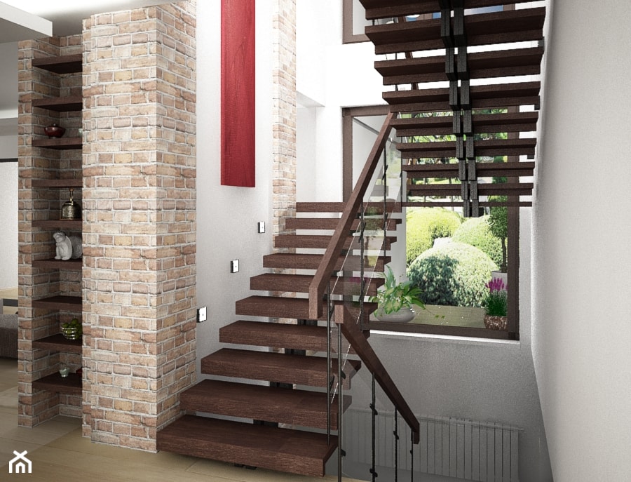 Dom z motywem cegły - Schody dwubiegowe drewniane - zdjęcie od ESSA Architektura