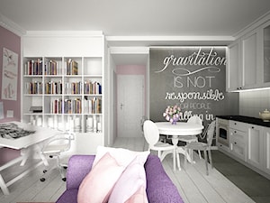 Mieszkanie na ul. Jedności Narodowej - Średni biały różowy szary salon z kuchnią z jadalnią, styl prowansalski - zdjęcie od ESSA Architektura