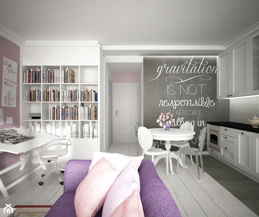 Mieszkanie na ul. Jedności Narodowej - Średni biały różowy szary salon z kuchnią z jadalnią, styl prowansalski - zdjęcie od ESSA Architektura