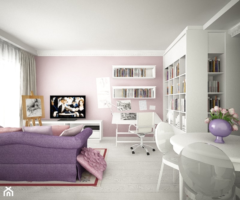 Mieszkanie na ul. Jedności Narodowej - Mały biały różowy salon z jadalnią z bibiloteczką, styl prowansalski - zdjęcie od ESSA Architektura