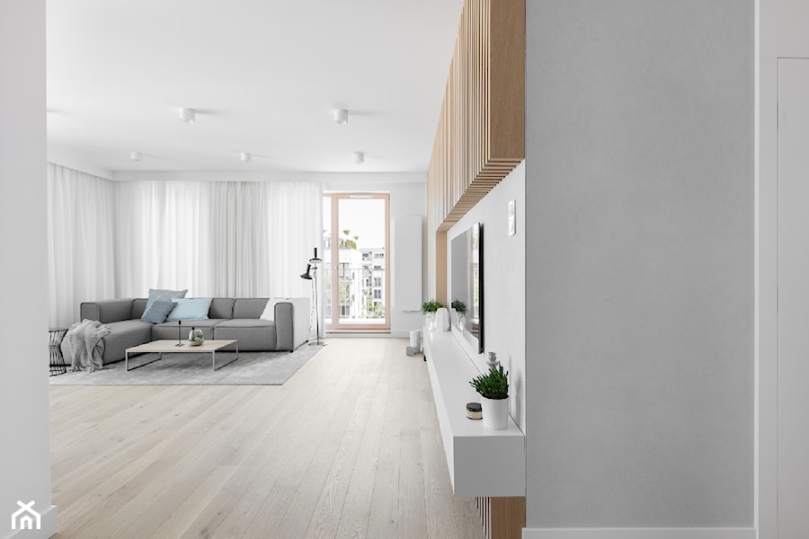 Projekt Mieszkania 132m2 | Mokotów - Duży biały salon z tarasem / balkonem, styl minimalistyczny - zdjęcie od Framuga studio