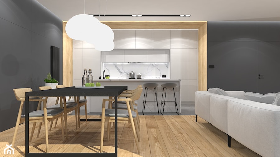 Projekt Mieszkania 134m2 | Ursynów - Średnia szara jadalnia w salonie w kuchni, styl nowoczesny - zdjęcie od Framuga studio