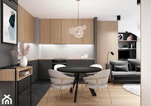 AW/ML/2019 - Średnia otwarta z salonem czarna szara z zabudowaną lodówką z nablatowym zlewozmywakiem kuchnia w kształcie litery l, styl nowoczesny - zdjęcie od Kinga Kaza